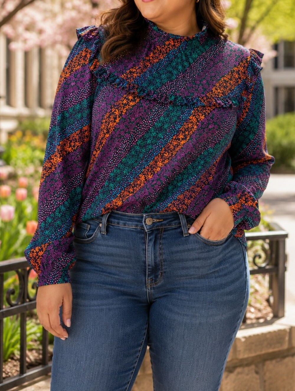 FRNCH Paris Purple Floral Printed Ruffle Blouse Green Orange Stripe Long Sleeve